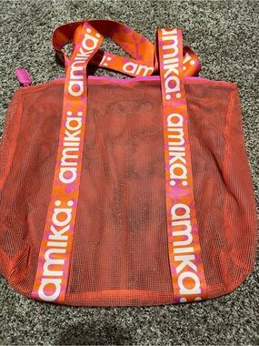 amika Orange Mesh Tote with Pink-Accented Branded Straps